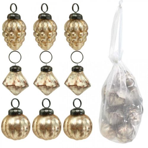 Floristik24 Mini mélange de boules de verre, diamant / boule / cône, décorations d'arbres, aspect antique Ø3–3,5cm H4,5–5,5cm 9pcs