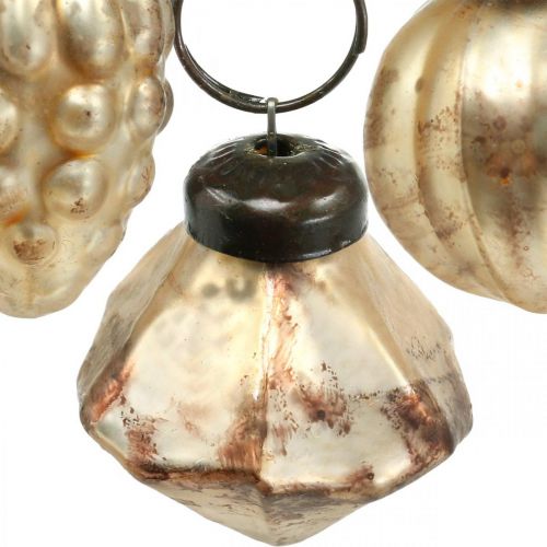 Floristik24 Mini mélange de boules de verre, diamant / boule / cône, décorations d'arbres, aspect antique Ø3–3,5cm H4,5–5,5cm 9pcs
