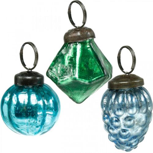 Article Mélange de mini boules en verre, diamant/boule/cône, décoration de sapin de Noël aspect antique Ø3–3,5 cm H4,5–5,5 cm 9 pièces
