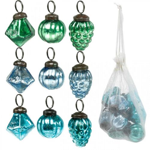 Floristik24 Mélange de mini boules en verre, diamant/boule/cône, décoration de sapin de Noël aspect antique Ø3–3,5 cm H4,5–5,5 cm 9 pièces