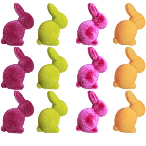 Article Mini lapins de Pâques colorés floqués assortis – 2e choix – H 6 cm, 12 pièces