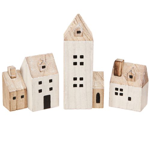 Mini Village de Noël Décoration en Bois Blanc Naturel H13/7cm 6 pcs