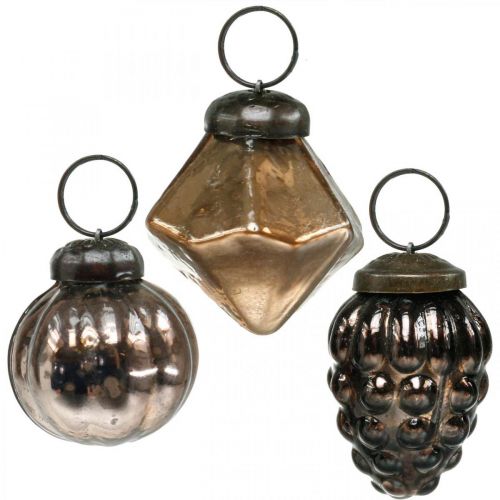 Floristik24 Mini boules de Noël, diamant / boule / cône, mélange de pendentifs en verre, aspect antique Ø3–3,5cm H4,5–5,5cm 9pcs