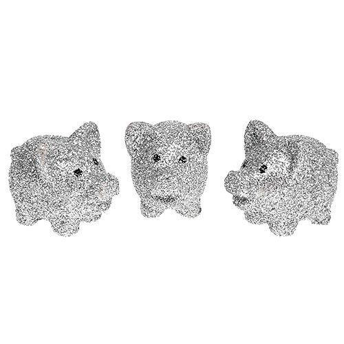 Mini cochons porte-bonheur avec mica argent 3cm 24pcs