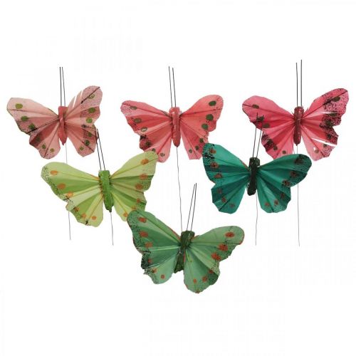 Floristik24 Mini papillon sur fil rouge, vert 6.5cm 12pcs