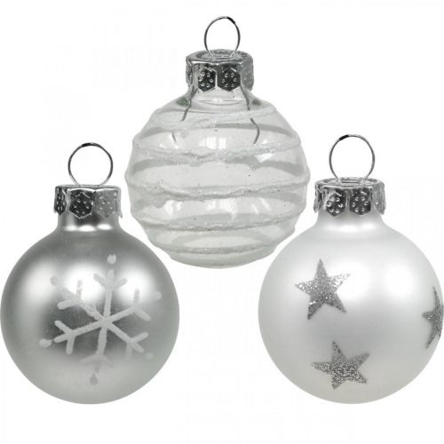 Mini boules de Noël blanc, argent verre véritable Ø3cm 9 pcs