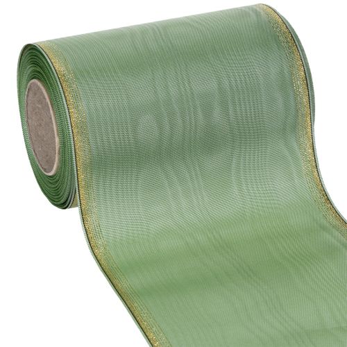 Floristik24 Ruban moiré vert sauge à bordure dorée, 150 mm x 25 m, ruban décoratif pour la confection de couronnes et d'œuvres florales