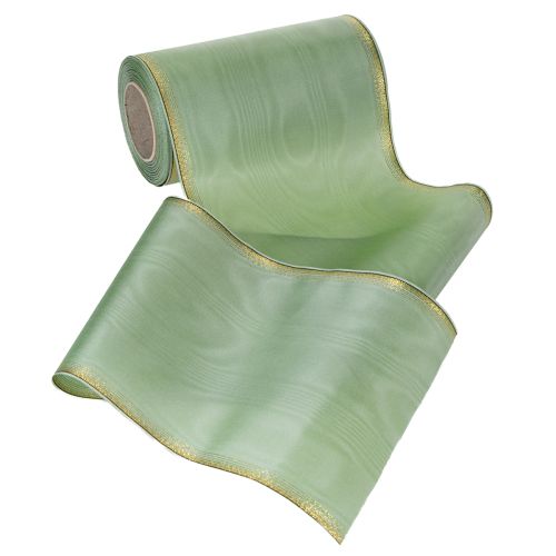 Article Ruban moiré vert sauge à bordure dorée - 175 mm x 25 m - ruban décoratif pour l'art floral et les fêtes