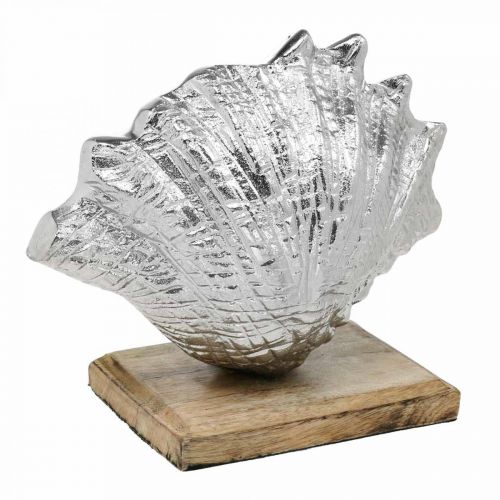 Article Coquille à mettre en place, décoration métal maritime avec socle en bois argent, naturel 16×19cm