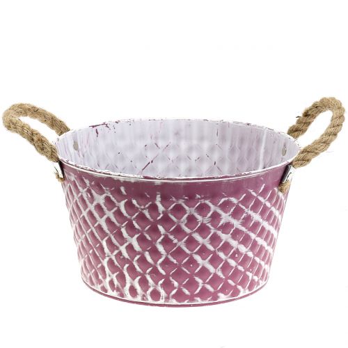 Article Bol en zinc diamant avec anses corde violet blanc lavé Ø24.5cm H14cm