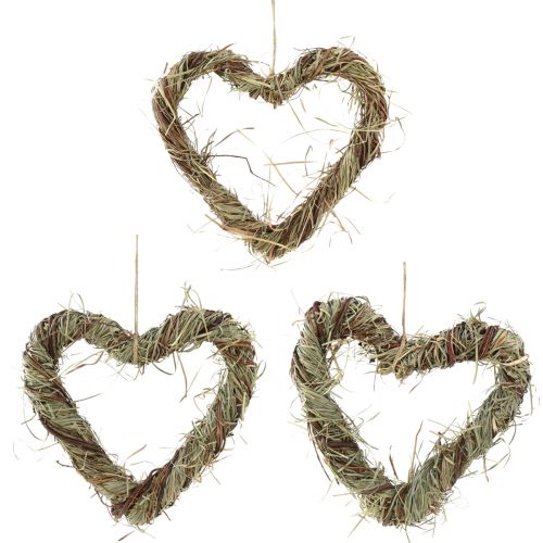 Floristik24 Couronne naturelle à suspendre couronne de vigne coeur de foin 25x25cm 3pcs