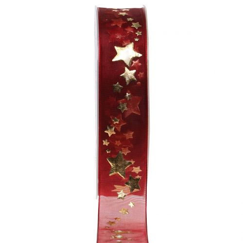 Floristik24 Ruban décoratif organza motif étoile rouge foncé 25mm 20m