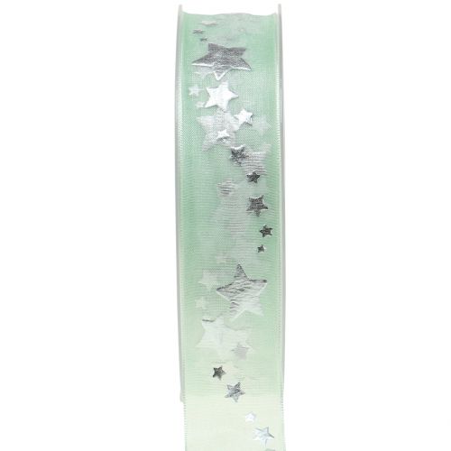 Floristik24 Ruban décoratif en organza avec motif étoile vert clair 25mm 20m