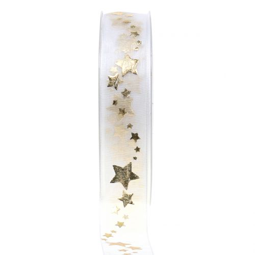 Floristik24 Ruban décoratif en organza avec motif étoile blanc 25mm 20m
