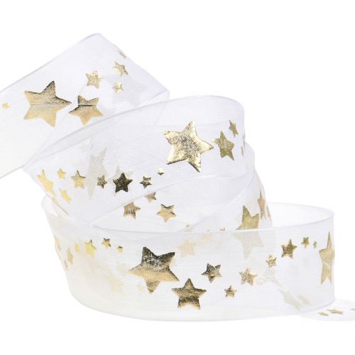 Floristik24 Ruban décoratif en organza avec motif étoile blanc 25mm 20m