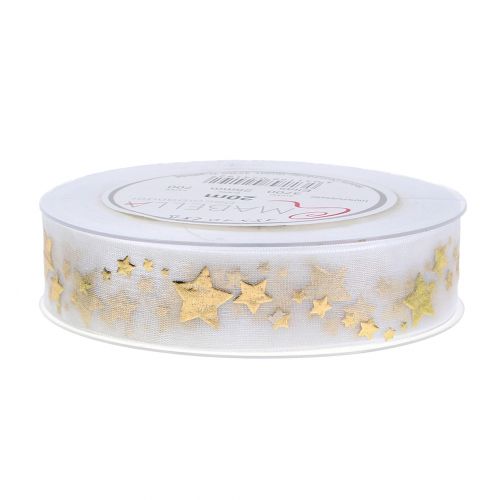 Floristik24 Ruban décoratif en organza avec motif étoile blanc 25mm 20m
