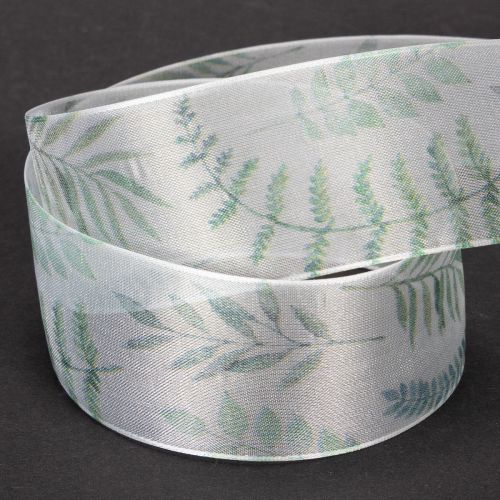 Article Ruban d'organza, ruban de mousseline, branches feuillues, vert, 40 mm, 15 m
