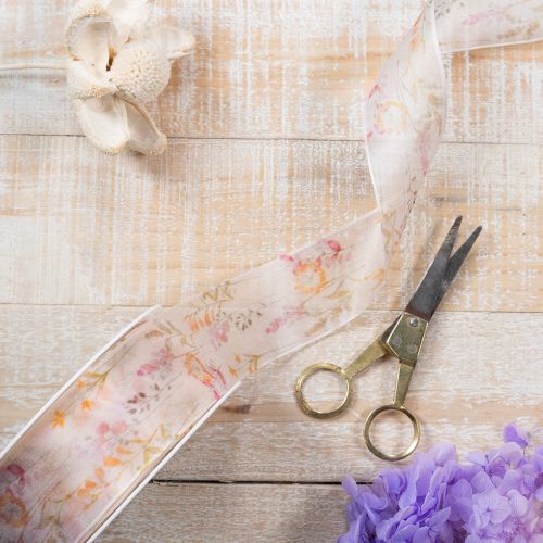 Article Ruban d'organza, ruban de mousseline, à motifs floraux, orange/rose, 40 mm, 15 m