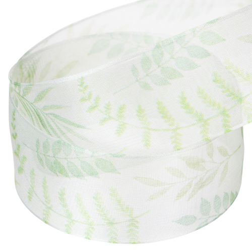 Article Ruban d'organza, ruban de mousseline, vert à motifs de feuilles, 40 mm de large, 15 m de long