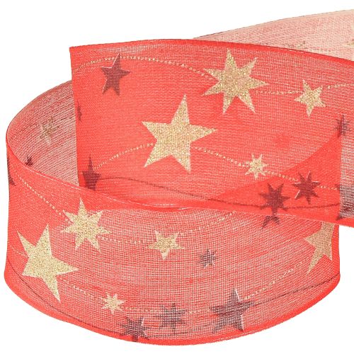 Article Ruban de Noël rouge avec bordure en fil d&#39;étoiles 40 mm 15 m
