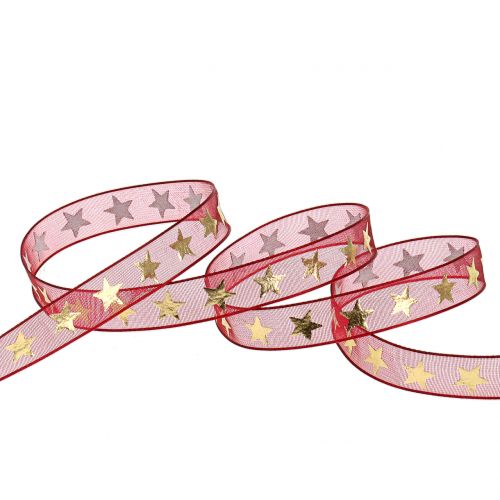 Article Ruban organza rouge foncé avec étoiles dorées 10mm 20m