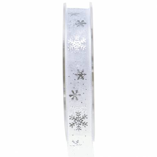 Floristik24 Ruban d'organza avec flocon de neige blanc 15mm 20m