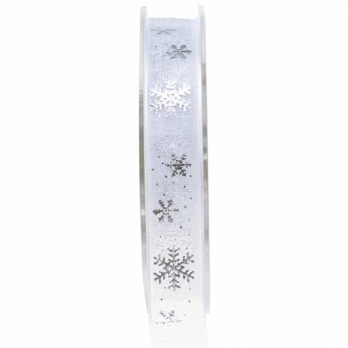 Floristik24 Ruban d&#39;organza avec flocon de neige blanc 15mm 20m