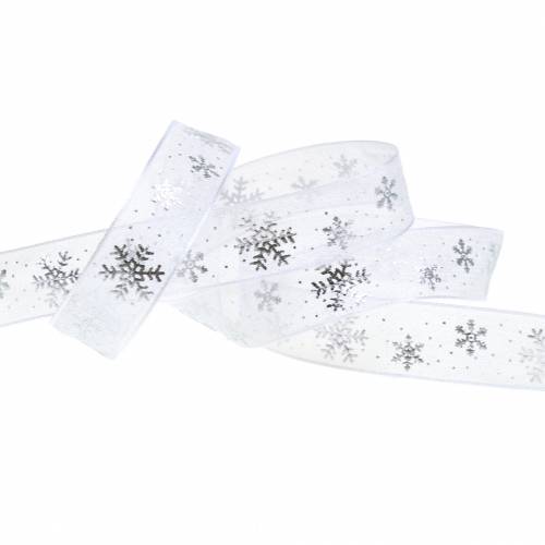 Floristik24 Ruban d'organza avec flocon de neige blanc 15mm 20m