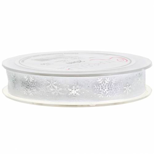 Floristik24 Ruban d'organza avec flocon de neige blanc 15mm 20m