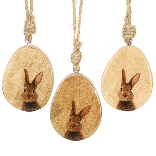 Floristik24 Pendentif oeuf de Pâques en bois – décoration à suspendre naturelle avec motif lapin 6 pièces