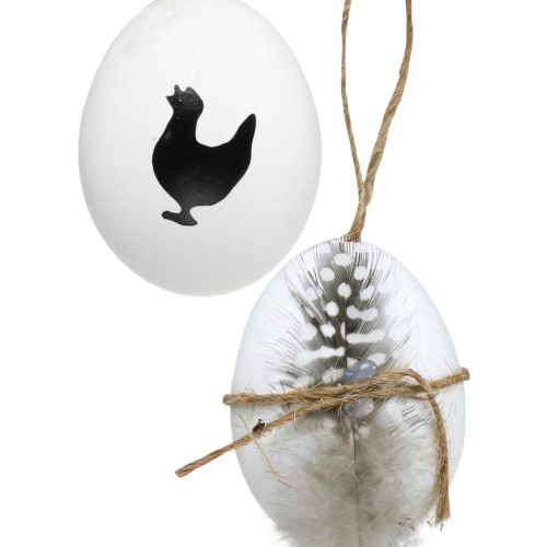 Floristik24 Décoration de Pâques, œufs de poule à suspendre, œufs décoratifs plumes et poule, marron, bleu, blanc, lot de 6