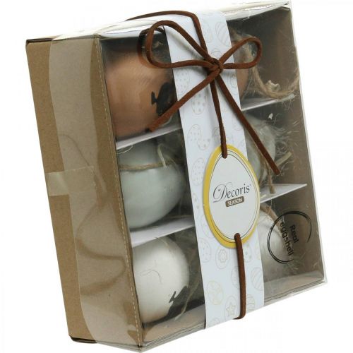 Floristik24 Décoration de Pâques, œufs de poule à suspendre, œufs décoratifs plumes et poule, marron, bleu, blanc, lot de 6