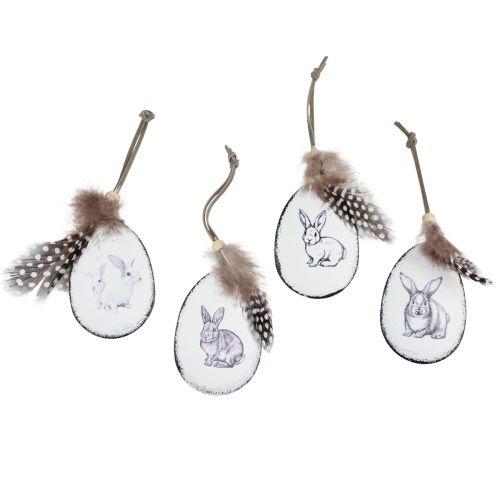 Oeufs de Pâques à suspendre plumes lapins métal 5×7cm 8pcs