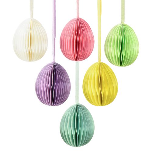 Article Oeufs en nid d&#39;abeille à suspendre décoration en papier Oeufs de Pâques colorés 6cm 6pcs