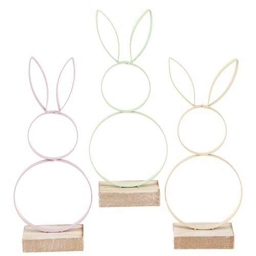 Décoration Lapin de Pâques Métal Bois Jaune Menthe Rose H21cm 3 Pcs