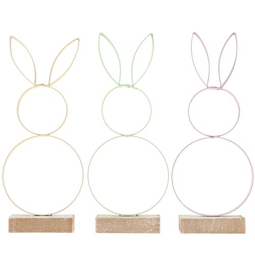 Article Décoration Lapin de Pâques Métal Bois Jaune Menthe Rose H21cm 3 Pcs