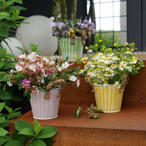 Article Seau à planter, jardinière avec anses, décoration métal rose/vert/jaune shabby chic Ø16,5 cm H15 cm lot de 3