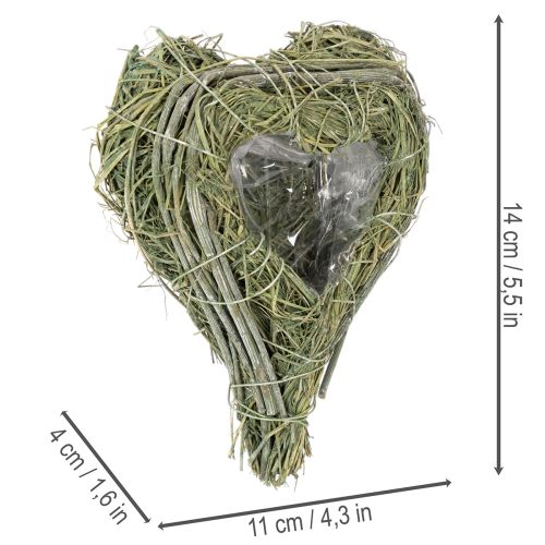 Cœur décoratif en herbe naturelle avec insert en feuille d'aluminium, 14 cm, 2 pièces | Floristik24.be