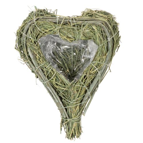 Cœur décoratif en herbe naturelle avec insert en feuille d'aluminium, 14 cm, 2 pièces | Floristik24.be