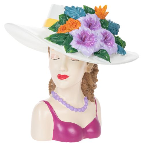 Floristik24 Vase décoratif représentant une femme coiffée d'un chapeau, avec des fleurs, pour l'intérieur et l'extérieur, 20 cm.
