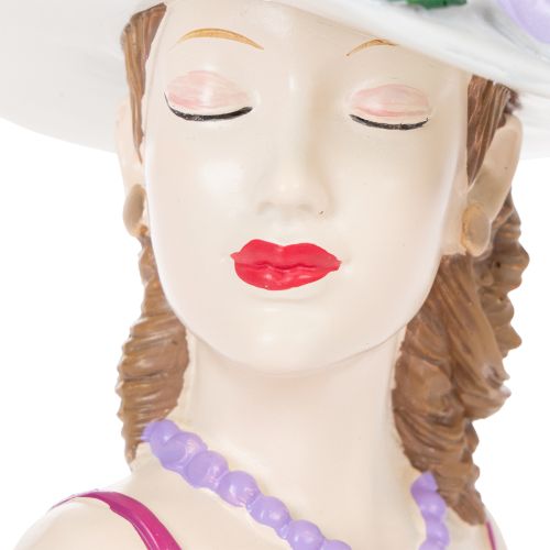 Article Vase décoratif représentant une femme coiffée d'un chapeau, avec des fleurs, pour l'intérieur et l'extérieur, 20 cm.