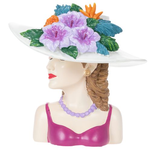Article Vase décoratif représentant une femme coiffée d'un chapeau, avec des fleurs, pour l'intérieur et l'extérieur, 20 cm.