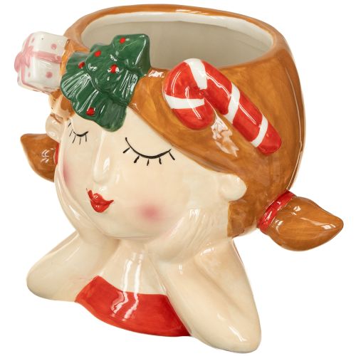 Article Tête de plante en céramique fille jardinière décorative Noël H17cm