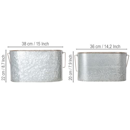 Article Pot de fleurs avec anse, pot en métal, jardinière, argenté, marron, H 22/20 cm L 42/40 cm, lot de 2