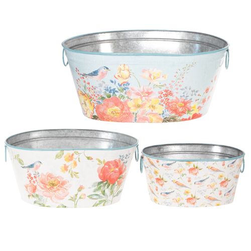 Pots de fleurs, printemps, jardinières pour fleurs/oiseaux, récipient ovale en métal L39/31/24,5 cm, lot de 3 | Floristik24.be