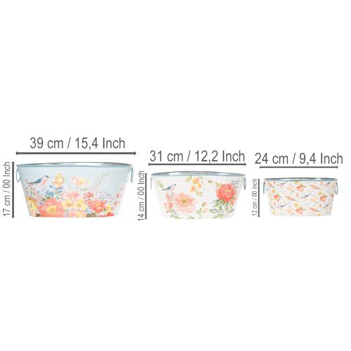 Pots de fleurs, printemps, jardinières pour fleurs/oiseaux, récipient ovale en métal L39/31/24,5 cm, lot de 3 | Floristik24.be