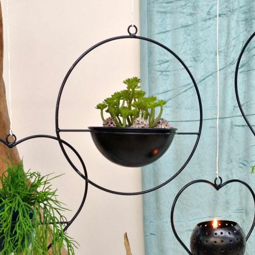 Article Cache-pot à suspendre anneau métal noir Ø38cm avec bol Ø15cm