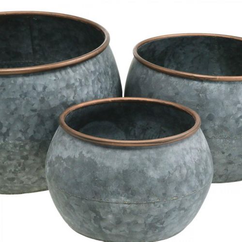 Article Pot déco, bol jardinière, vase métal argenté, aspect antique cuivré H22 / 20,5 / 16,5cm Ø39 / 30,5 / 25cm lot de 3