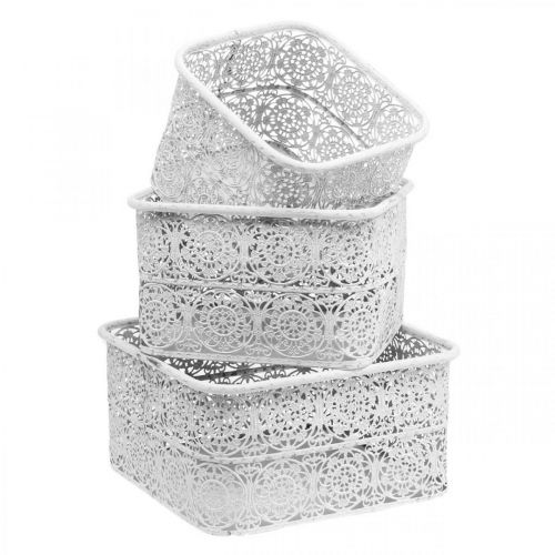 Article Bols en métal motif dentelle, vase décoratif carré, shabby chic, blanc 27/23/19cm H13.5cm lot de 3