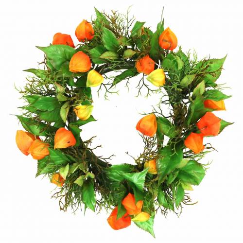 Couronne de Physalis artificielle orange, verte Ø28cm décoration automne